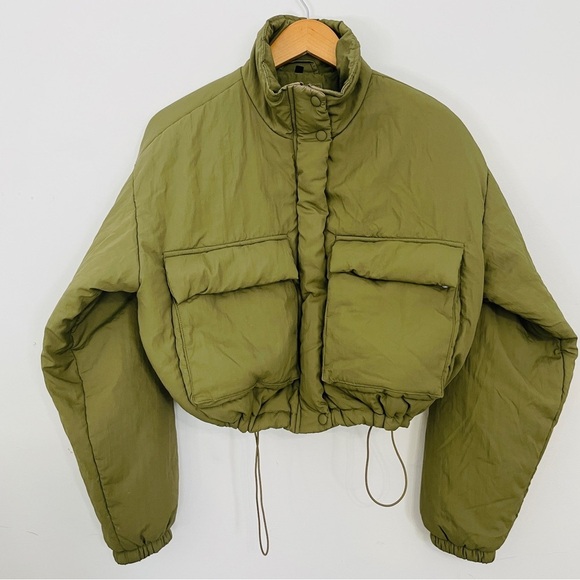 Blank NYC Cropped Drawstring Waist Olive Green Puffer Zip Up Jacket Coat